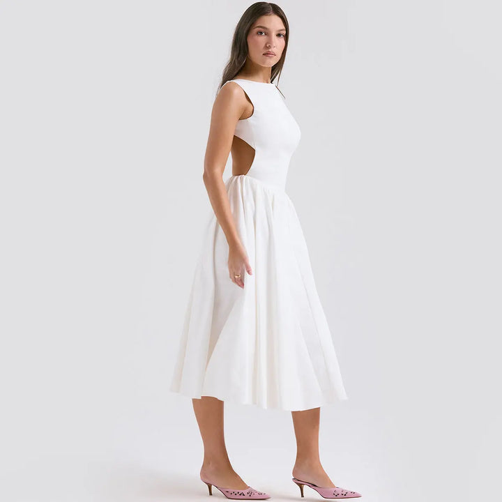 White Sleeveless  Waist-Cinched Backless Dress Clotheshomes™