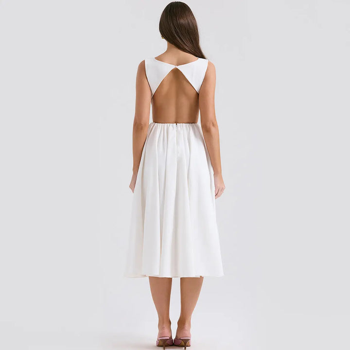 White Sleeveless  Waist-Cinched Backless Dress Clotheshomes™