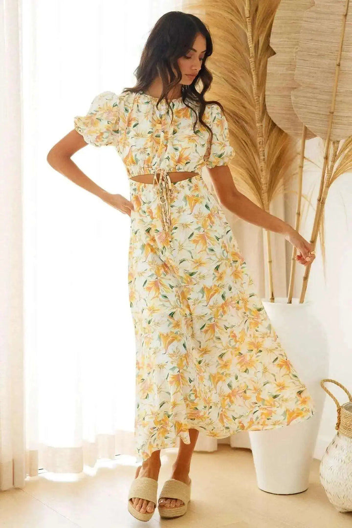 Yellow Floral Hollow Dress Clotheshomes