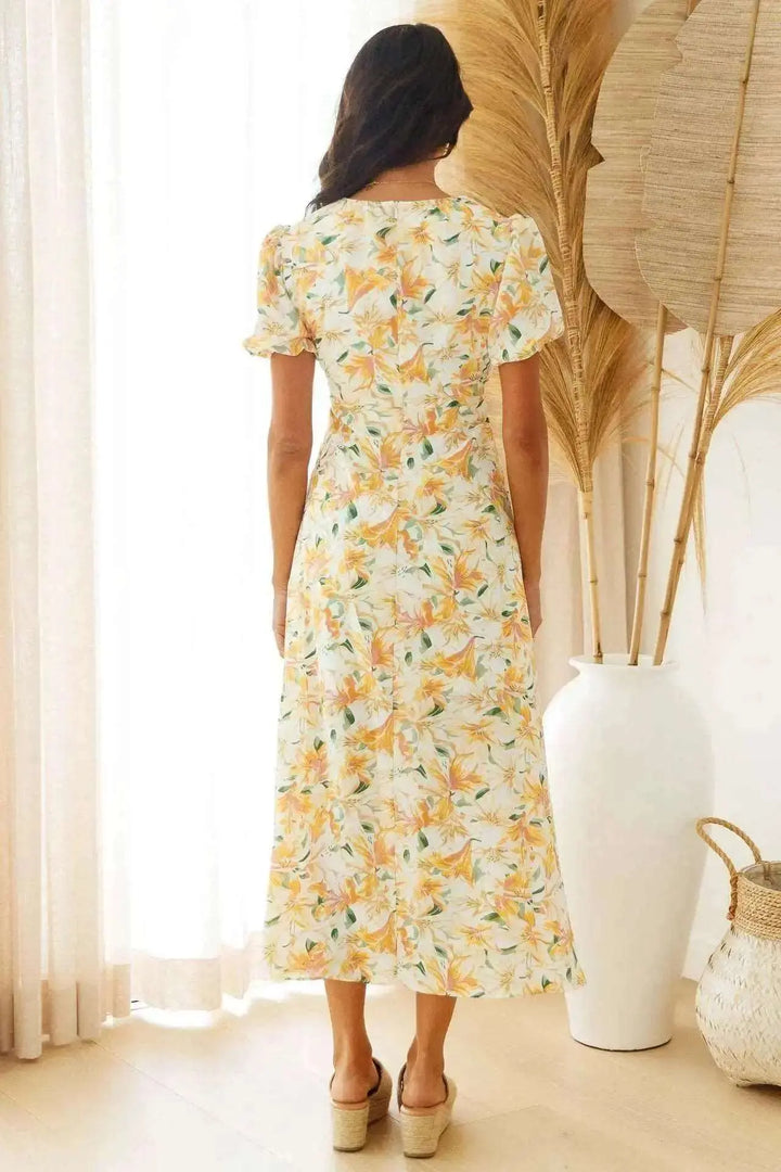 Yellow Floral Hollow Dress Clotheshomes
