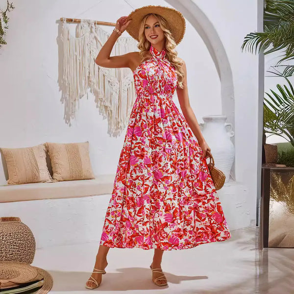 casual vacation style halter neck floral maxi dress Clotheshomes™