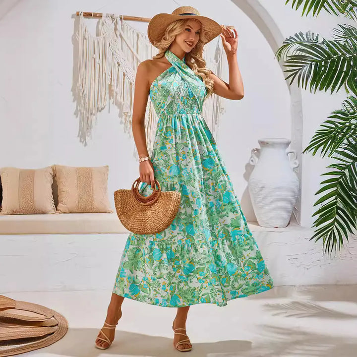 casual vacation style halter neck floral maxi dress Clotheshomes™