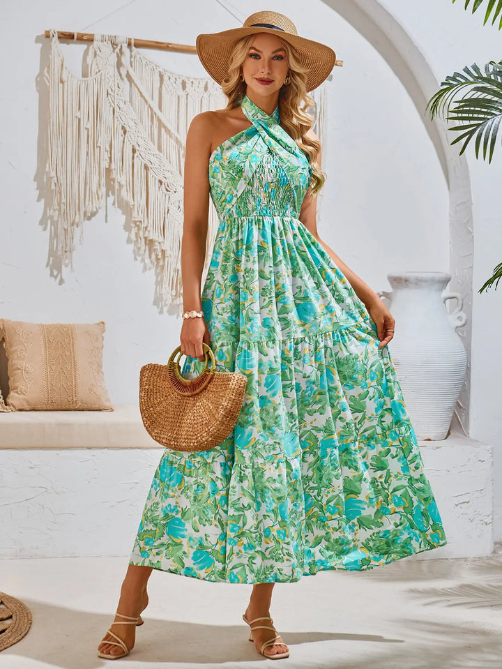 casual vacation style halter neck floral maxi dress Clotheshomes™