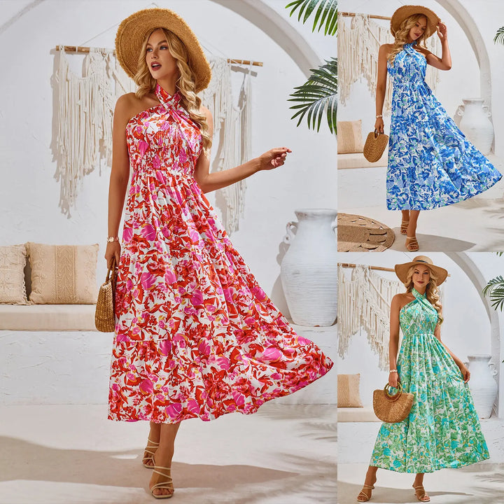 casual vacation style halter neck floral maxi dress Clotheshomes™